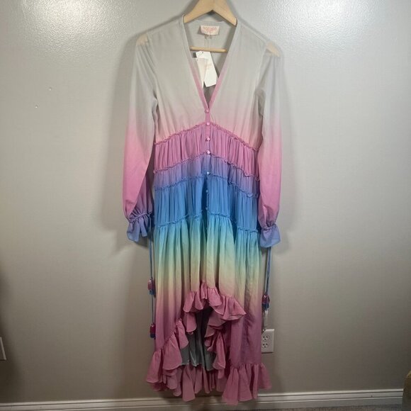 Rococo Sand Rainbow Hi Low Maxi Dress Size Small Ruffle Tiered Photo Shoot Party - Picture 2 of 15
